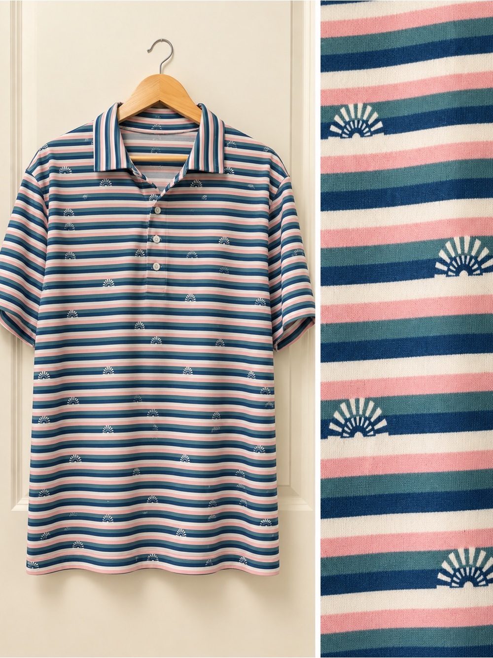 Criquet Men’s Large Performance Golf Polo Pink Blue Green Striped Sunburst